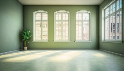 Fototapeta premium Bright and spacious empty room with large windows and green walls