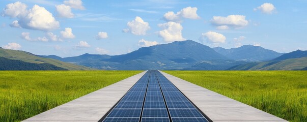 A serene landscape featuring a solar panel pathway surrounded by lush green fields and distant mountains under a bright blue sky.