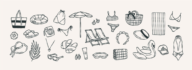 Hand drawn doodle beach essentials collection