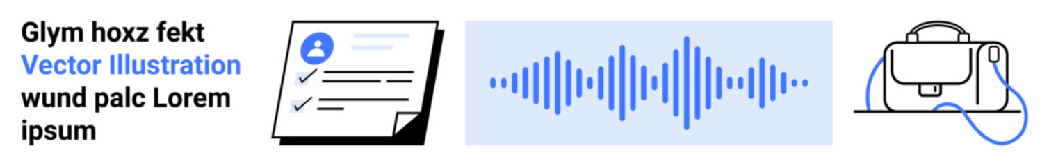 Documents with profile, audio waveform in blue, VR headset. Ideal for professional portfolios, podcasts, tech reviews, virtual reality, job applications, content creation, educational tools. Landing