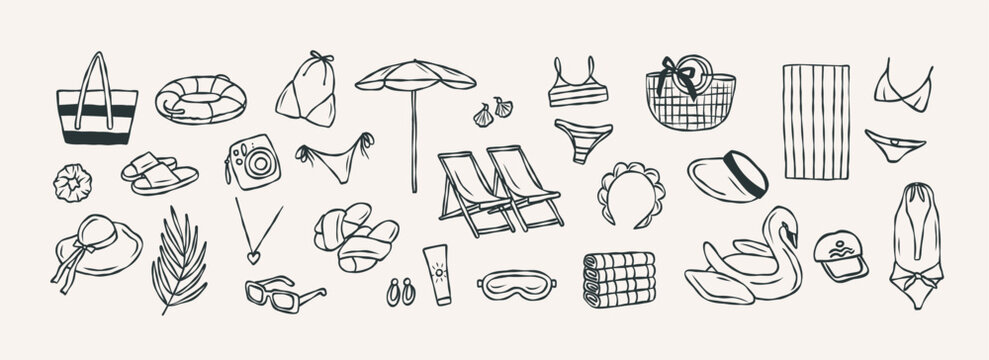Hand drawn doodle beach essentials collection