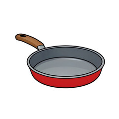 Red Frying Pan with Gray Interior and Brown Handle, Transparent Background