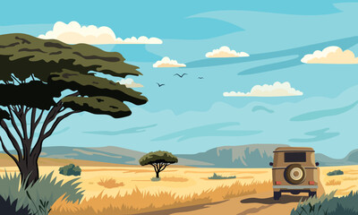 Cartoon African safari landscape. Savannah adventure. Automobile tourism. Explore expedition trip. Tourists in vehicle. Nature panorama. Vector illustration banner © Alex_Zakharov