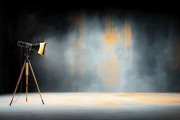 Vintage Studio Spotlight on Tripod in Empty Dark Room with Colorful Smoke and Texture Background