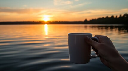 An early riser enjoying a peaceful sunrise with a cup of coffee in hand."