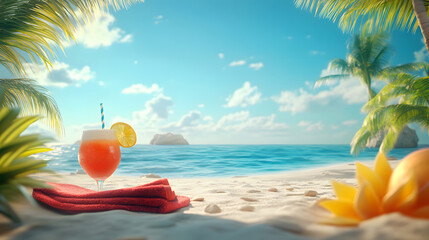 Fototapeta premium Summer Vacation - Accessories In Bag In Tropical Beach With Defocused Ocean