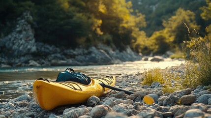 Obraz premium Serene Kayak on Rocky Shoreline by River