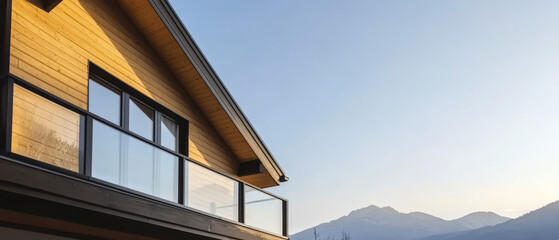 Fototapeta premium Modern wooden house with a balcony overlooking mountain landscape during sunset
