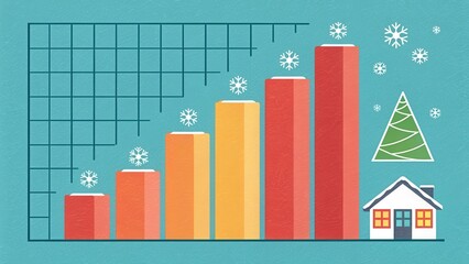 A colorful bar graph shows growth over time, alongside a snowy winter scene with a house and Christmas tree, creating a festive yet analytical vibe.