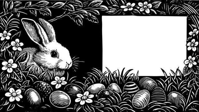 Vintage Easter Bunny Illustration with Decorative Blank Frame for Personalization