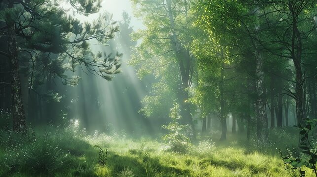 A sunlit, misty forest with tall trees and green grass.