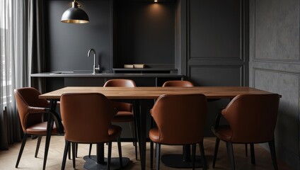 Indoor setting features a polished wooden table surrounded by plush brown leather chairs on sleek black metal bases. A sophisticated dark gray countertop with a shiny silver faucet and sink lies behin