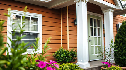Fototapeta premium Charming House Exterior with Classic Columns and Lush Greenery. Beautiful Home Design and Architecture. Real Estate and Property Showcase.