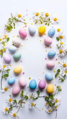 Obraz premium Easter banner with colorful eggs, daisies on white background