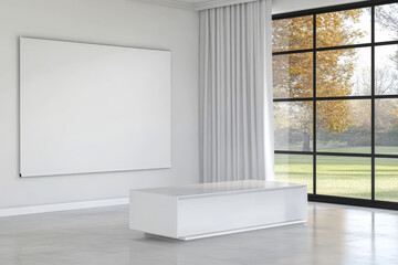 Fototapeta premium Modern interior design with white furniture and large windows overlooking nature