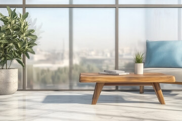 Modern living room with large window and stylish furniture in bright atmosphere