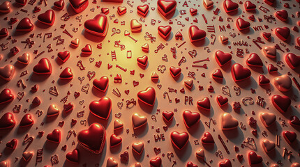 Fototapeta premium A whimsical, festive scene filled with red, pink, and white hearts, accompanied by delicate symbols like keys, locks, and arrows. The playful, intricate pattern celebrates love, joy, and affection.