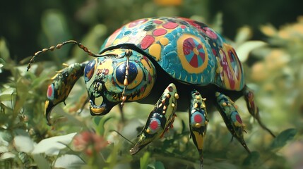 Naklejka premium Colorful Painted Beetle in Lush Green Garden