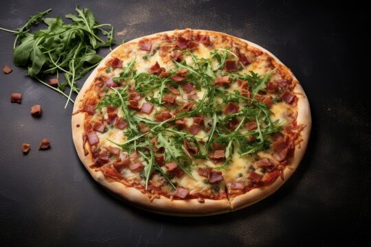 Half Pizza with Arugula, Bacon, Basil, and Cheddar Cheese - Closeup of a Cooked Bake on a Dark Stone Background with Space for Text