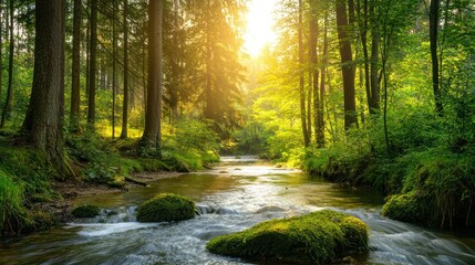 Fototapeta premium A serene forest scene with a calm river flowing through, surrounded by tall trees and soft sunlight filtering