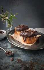 Muffins with chocolate sbore in silver mold and on dark rustic  background