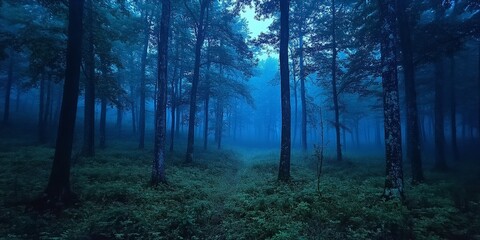 Fototapeta premium A quiet, misty forest under the moonlight, exuding mystery. Ideal for nature themes, storytelling, and atmospheric designs.