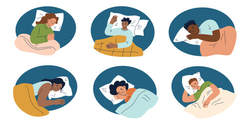 Vector illustrations of people sleeping on white pillows, peaceful catroon characters in pajamas. Minimalistic compositions for rest, relaxation, healthy sleep habits. Men and wowen in bed at night