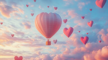 Obraz premium Heart-shaped hot air balloon drifting among tiny heart-shaped balloons, pastel sky, paper art and origami theme, romantic Valentine’s Day vector design.