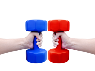 A person's hand holds a red and blue dumbbell PNG transparent.