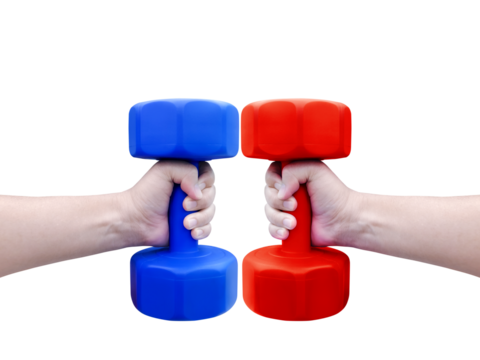 A person's hand holds a red and blue dumbbell PNG transparent.