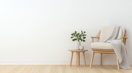 Minimalist living room with wooden chair, cozy blanket, and small side table accompanied by a potted plant against a white wall backdrop.