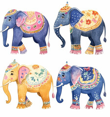 Colorful elephants adorned with decorative patterns and accessories