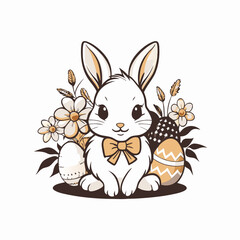 Fototapeta premium Charming White Rabbit with Yellow Bow Tie Among Daisies and Easter Eggs