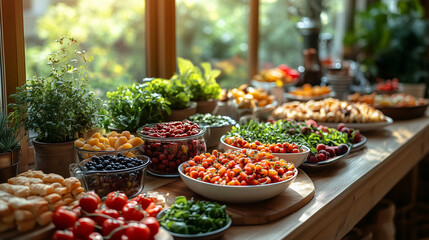 Colorful farm-to-table buffet with fresh vegetables, fruits, and herbs for healthy lifestyle inspiration