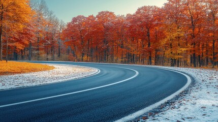 Winding Road Through a Snowy Autumn Forest