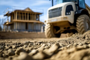Obraz premium Construction Site with Heavy Machinery in the Foreground and a Building Under Construction in the Background on a Sunny Day