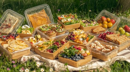 Fototapeta premium Colorful picnic spread with various dishes and fresh fruits on a grassy surface.