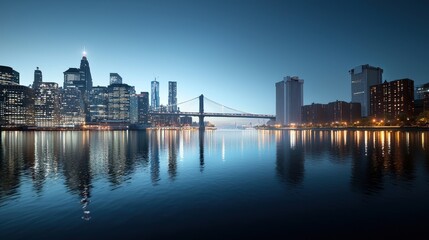 Obraz premium Evening Skyline Reflection Over Calm River Waters