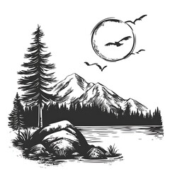 Hand Drawn Mountain Lake Scene