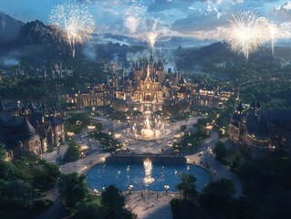 Fototapeta premium Synchronized fireworks display extravagant celebration aerial view enchanted city nighttime captivating musical choreography