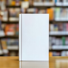 Blank white hardcover book on bookstore showcase. Mock up for design. Generative Ai