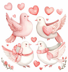 Cute doves with hearts and ribbons, perfect for Valentine Day