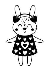 Black and white Valentine animal clipart. Cute rabbit clipart. Valentines day clipart in cartoon flat style. Hand draw vector illustration
