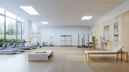 Modern rehabilitation facility featuring advanced exercise equipment in a spacious layout with soft lighting, creating a calm and professional atmosphere. Ideal for recovery, health, and therapy conce