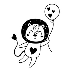Black and white Valentine animal clipart. Cute lion clipart. Valentines day clipart in cartoon flat style. Hand draw vector illustration