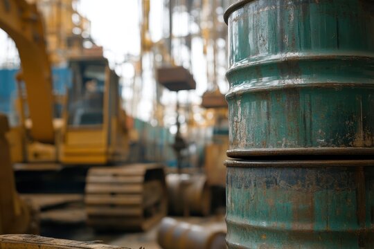 Industrial Setting with Construction Equipment and Barrels