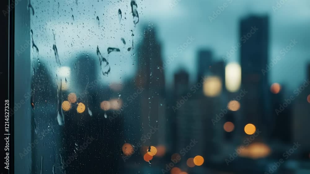 Poster raindrops are flowing down a window during a rainy night, blurring the city lights in the background