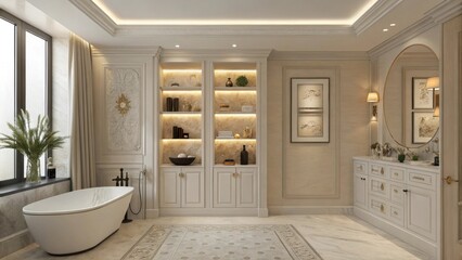 A luxurious bathroom reveals clever storage alcoves each showcasing carefully p decorative accents and ries highlighted by subtle indirect lights that enhance the rooms calming