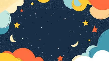 Colorful cartoon night sky with clouds and stars. Background image. Possible use for children's book