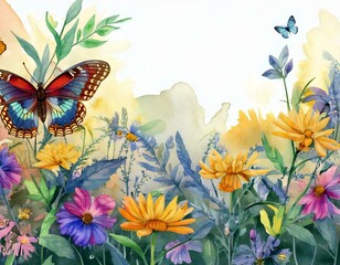 Watercolor Floral and Butterfly with layers, can use as background to sketch; hand drawn illustration
